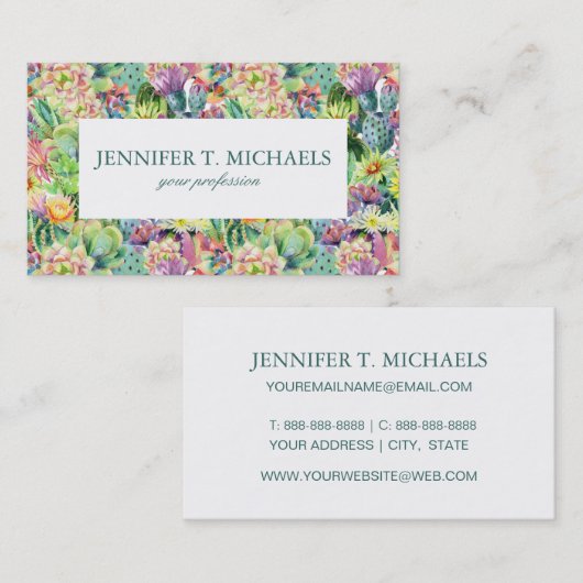 Carte De Visite Motif de cactus d'aquarelle en fleurs exotiques (Devant / Derrière)