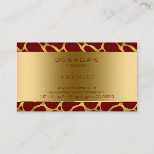 Carte De Visite Motif de girafe abstraite or et rouge (Dos)