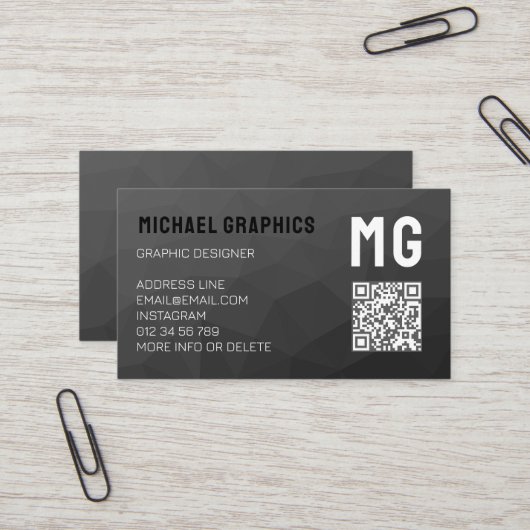 Carte De Visite Motif de maillage géométrique gris foncé Code QR M (Devant/Arrière en situation)
