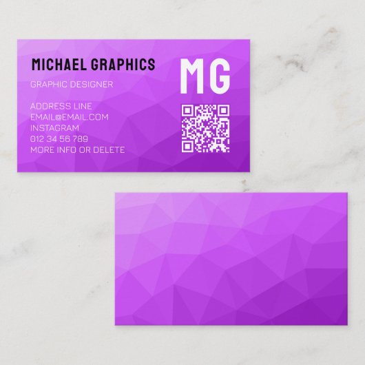 Carte De Visite Motif de maillage géométrique violet code QR Monog (Devant / Derrière)