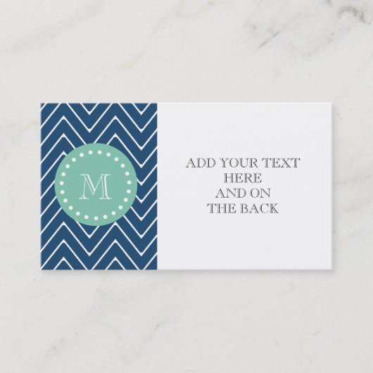 Carte De Visite Motif de Navy Blue Chevron | Monogramme vert à la (Devant)