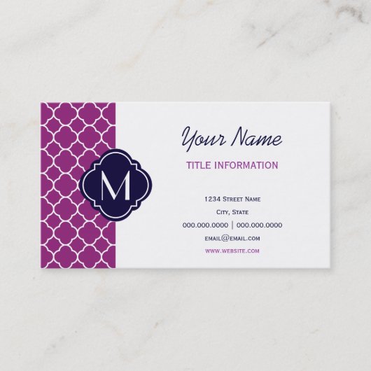 Carte De Visite Motif de Quatrefoil mauve avec monogramme (Devant)