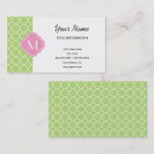 Carte De Visite Motif de Quatrefoil vert et rose avec monogramme (Devant / Derrière)