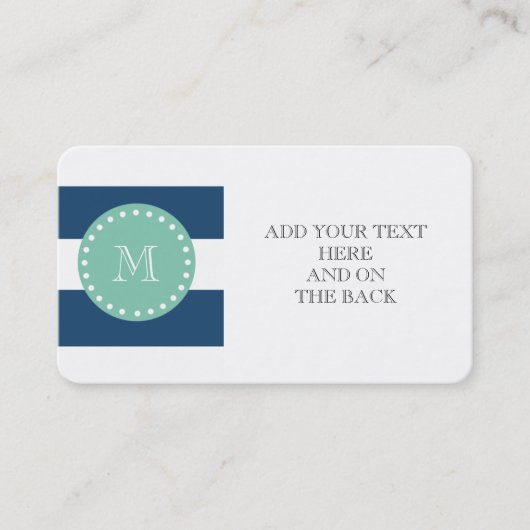 Carte De Visite Motif de rayures de bleu marine, monogramme vert (Devant)