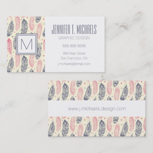 Carte De Visite Motif Ethnique De Plumes Rose Et Violet (Devant / Derrière)