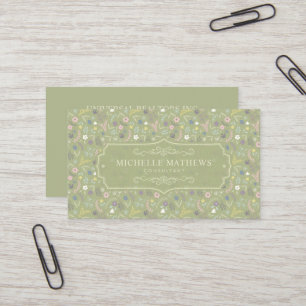 Carte De Visite Motif floral bohème fleurs roses et vert sauge
