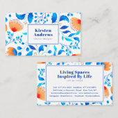 Carte De Visite Motif floral moderne boho bleu oranger fleurs (Devant / Derrière)
