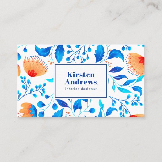 Carte De Visite Motif floral moderne boho bleu oranger fleurs (Devant)