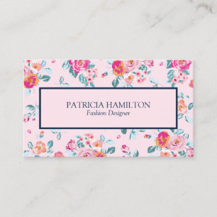 Carte De Visite Motif Floral Rose Vibrant Sur Bleu