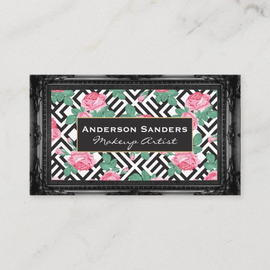 Carte De Visite Motif géométrique rose | Bordure noire antique (Devant)