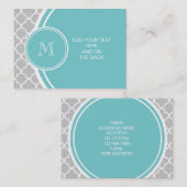 Carte De Visite Motif gris de Quatrefoil, monogramme turquoise (Devant / Derrière)