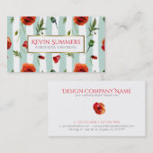 Carte De Visite Motif Light Blue Modern Stripes & Red Poppies (Devant / Derrière)