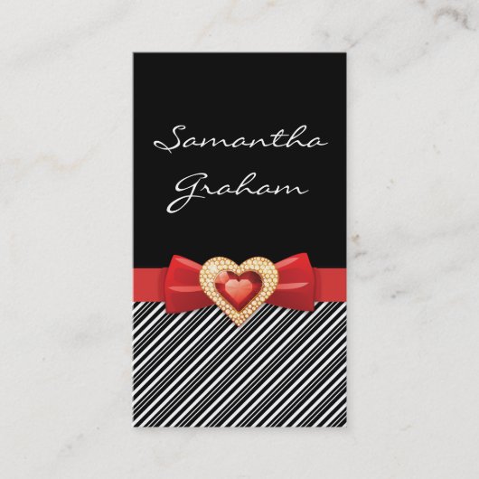 Carte De Visite Motif noir blanc rayé avec arc rouge et bijou (Devant)