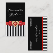 Carte De Visite Motif noir blanc rayé avec arc rouge et bijou (Devant / Derrière)