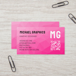 Carte De Visite Motif QR de maillage géométrique rose chaud Monogr