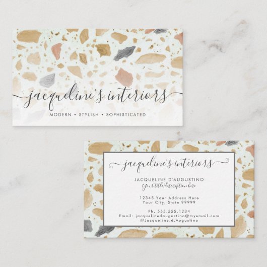 Carte De Visite Motif Terrazzo moderne Script Tan Rust Grey Rétro (Devant / Derrière)