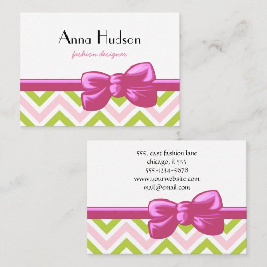 Carte De Visite Motif Zigzag, Motif Chevron, Vert, Rose (Devant / Derrière)