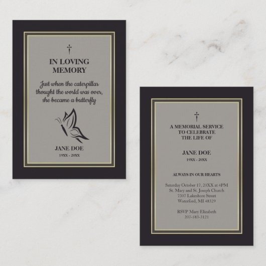 Carte De Visite Motivational Quote with Buttefly in Loving Memory (Devant / Derrière)