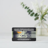 Carte de visite moto élégant, noir et chrome (Debout devant)