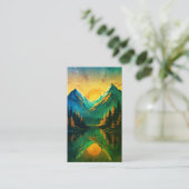 Carte De Visite Mountain Sunset Reflection Fiery Orange Sky  (Debout devant)
