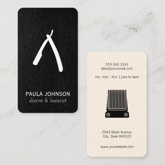 Carte De Visite Moustache en cuir noir et lame en barbre (Devant / Derrière)