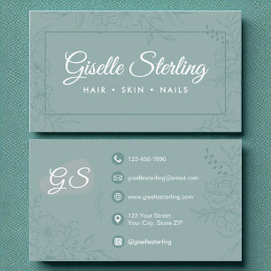 Carte De Visite Muet Turquoise Floral Line Art avec script moderne
