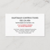 Carte De Visite Mur de construction de briques ROUGES Entrepreneur (Dos)