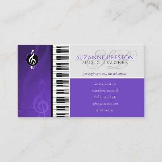 Carte De Visite Music Teacher | Piano Keys Purple (Devant)