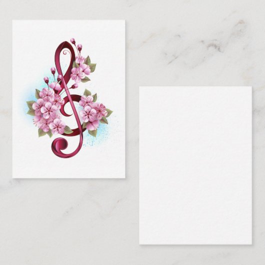 Carte De Visite Musical treble clef notes with sakura flowers (Devant / Derrière)