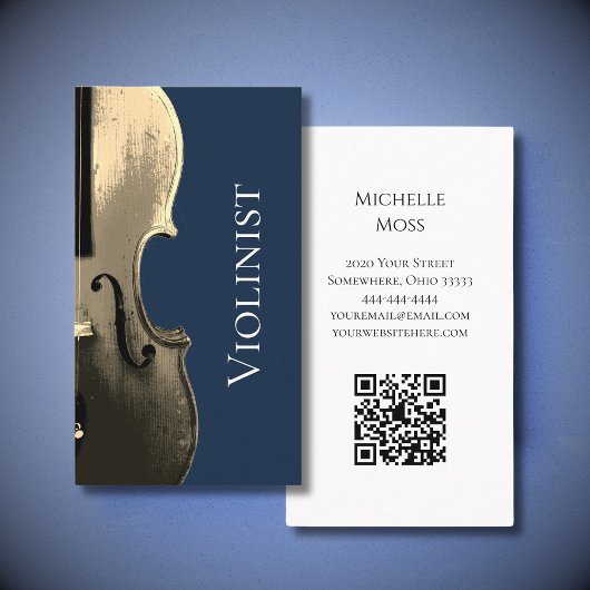 Carte De Visite Musicien Violon Interprète QR code Marine Bleu