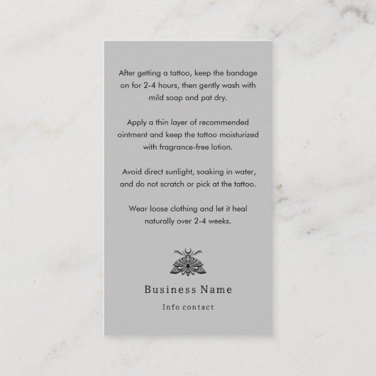 Carte De Visite Mystic Death Moth Tattoo Afcare Instructions (Dos)