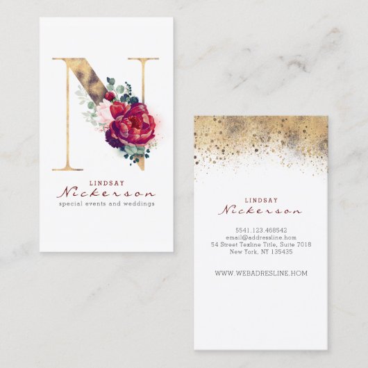 Carte De Visite N Monogramme Bourgogne Fleurs rouges et Parties sc (Devant / Derrière)