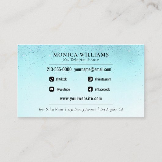 Carte De Visite Nail Manicurist Tech Turquoise Glam Parties scinti (Dos)
