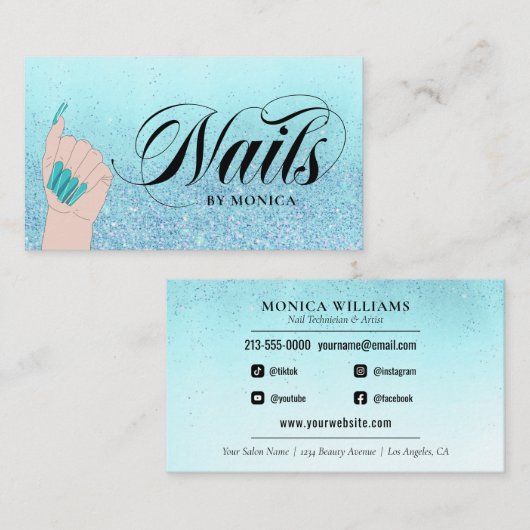 Carte De Visite Nail Manicurist Tech Turquoise Parties scintillant (Devant / Derrière)