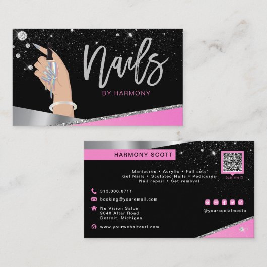 Carte De Visite Nail Tech Artiste Glam rose Silver Diamond Salon B (Devant / Derrière)