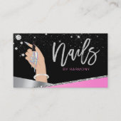 Carte De Visite Nail Tech Artiste Glam rose Silver Diamond Salon B (Devant)