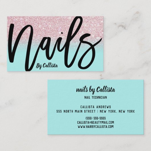 Carte De Visite Nail Tech Girly Mint Parties scintillant rose Ombr (Devant / Derrière)