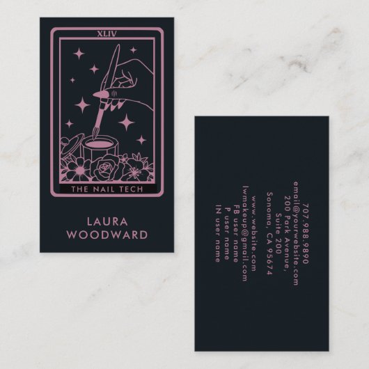 Carte De Visite Nail Tech Tarot Card Thème rose Noir (Devant / Derrière)