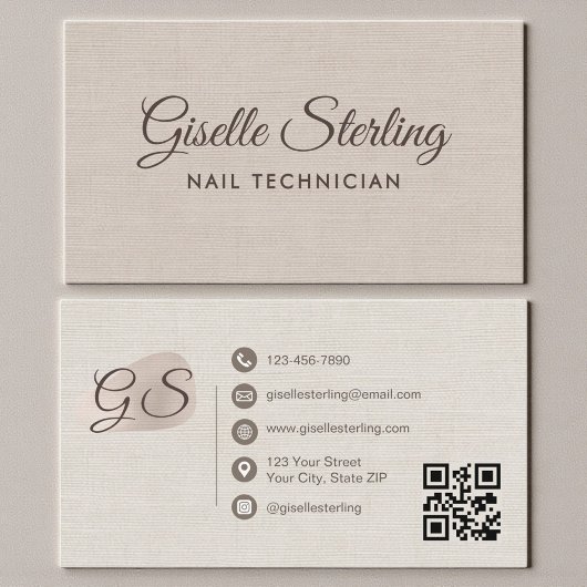 Carte De Visite Nail Technician Beige Linen Modern Elegant QR Code