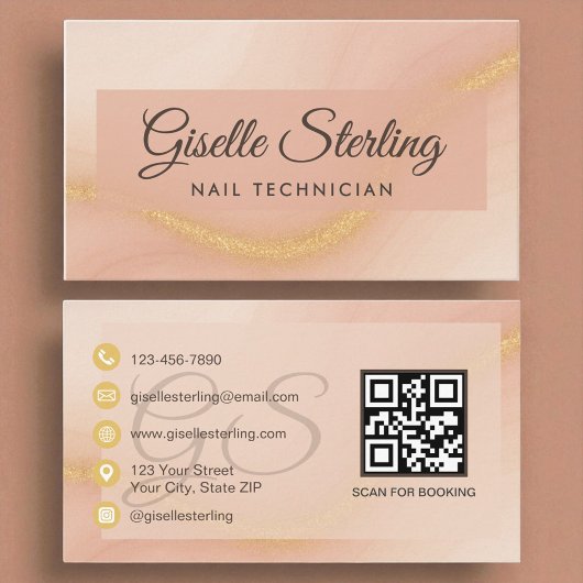 Carte De Visite Nail Technicien Aquarelle Or Monogramme QR Code