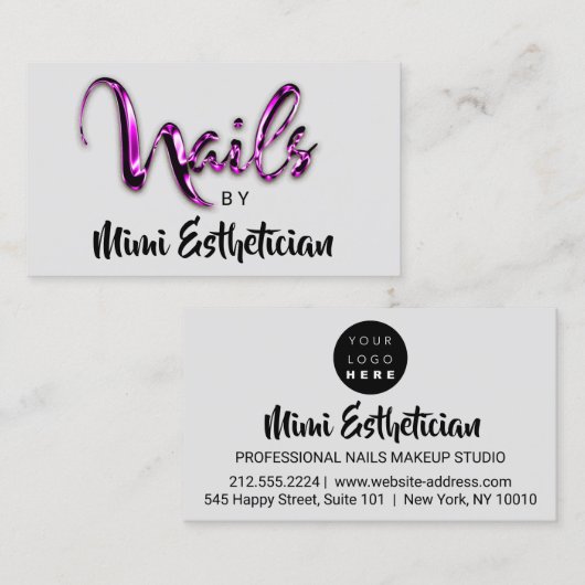 Carte De Visite Nails Studio Artiste Nails Script Logo Gris Rose (Devant / Derrière)