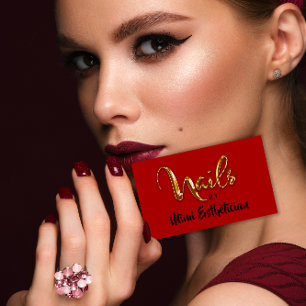 Carte De Visite Nails Studio Artiste Red Nails Script Red Gold Log