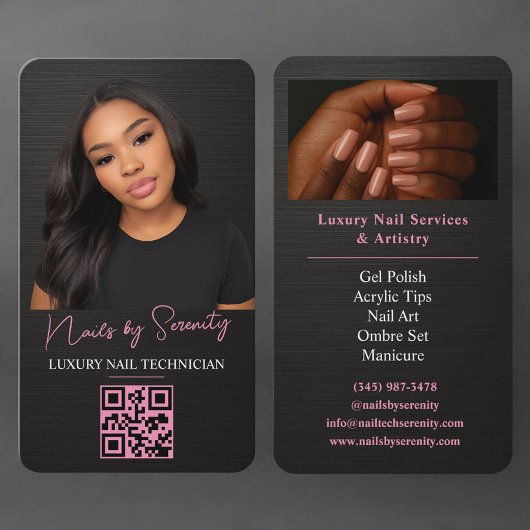 Carte De Visite Nails Technician QR Code Metallic Black Pink