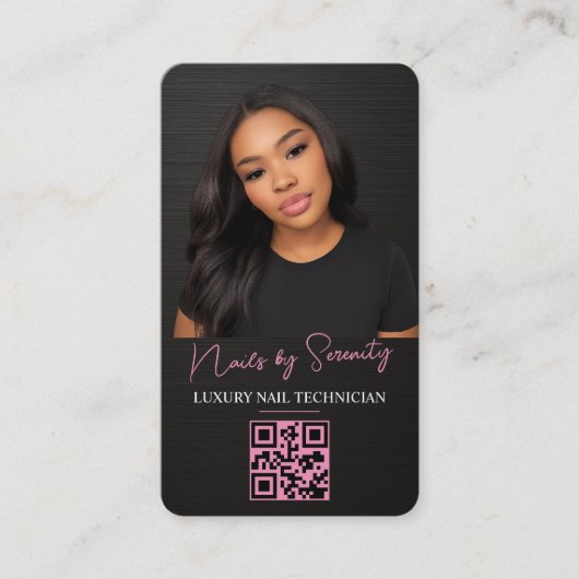 Carte De Visite Nails Technician QR Code Metallic Black Pink (Devant)