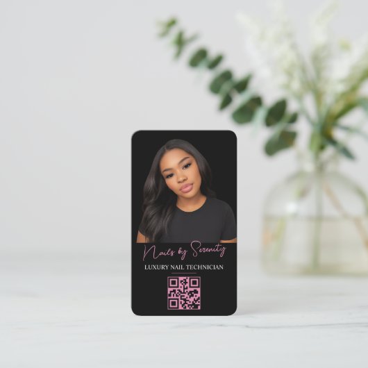 Carte De Visite Nails Technicien QR Code Luxury Black Rose Beauté (Debout devant)