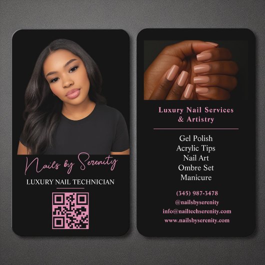 Carte De Visite Nails Technicien QR Code Luxury Black Rose Beauté