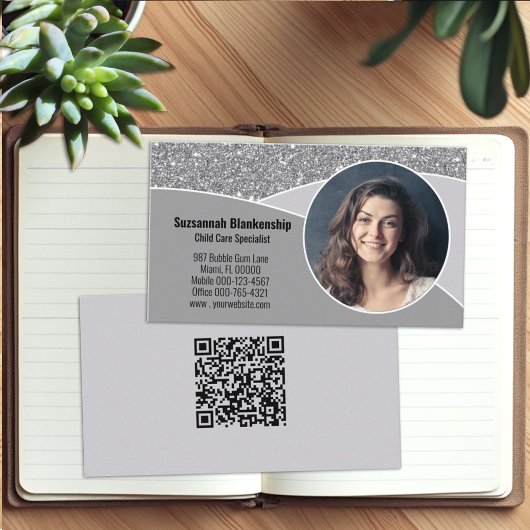 Carte De Visite Nanny Custom Photo Faux Silver Parties scintillant