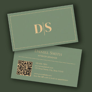 Carte De Visite Natural Minimalist Muted Green Initials QR Code