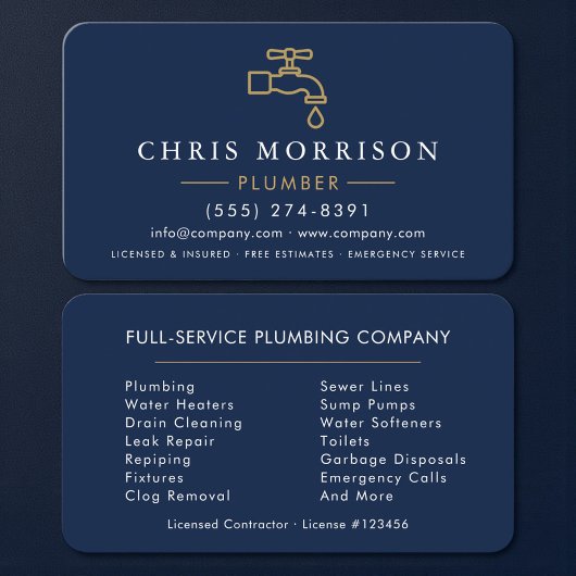 Carte De Visite Navy Blue and Gold Modern Plumbing
