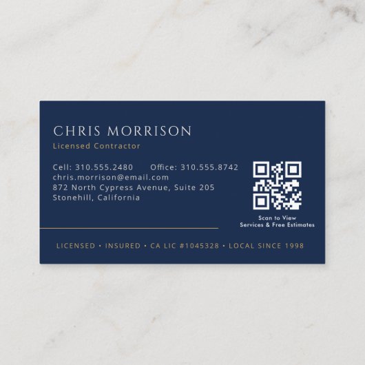Carte De Visite Navy Blue Contractor Construction QR Code (Dos)